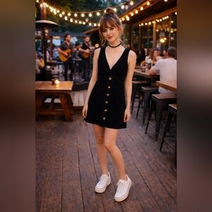 Topshop Black Corduroy Pinafore Dress Button Front A-Line Jumper US 10